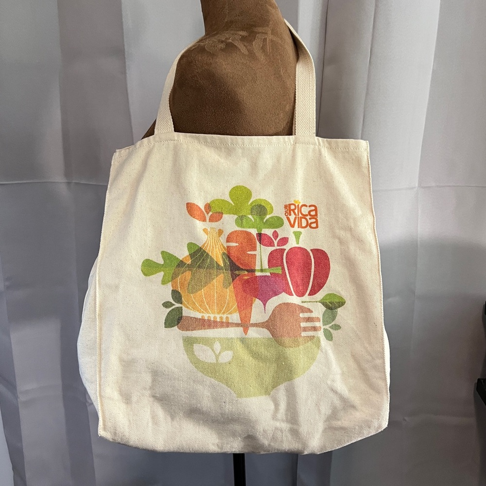 Qué Rica Vida Canvas Tote Bag with Colorful Veggies Print